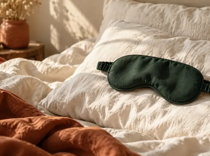 Un masque de sommeil en tissu sombre posé sur un oreiller blanc froissé, draps en lin défaits autour