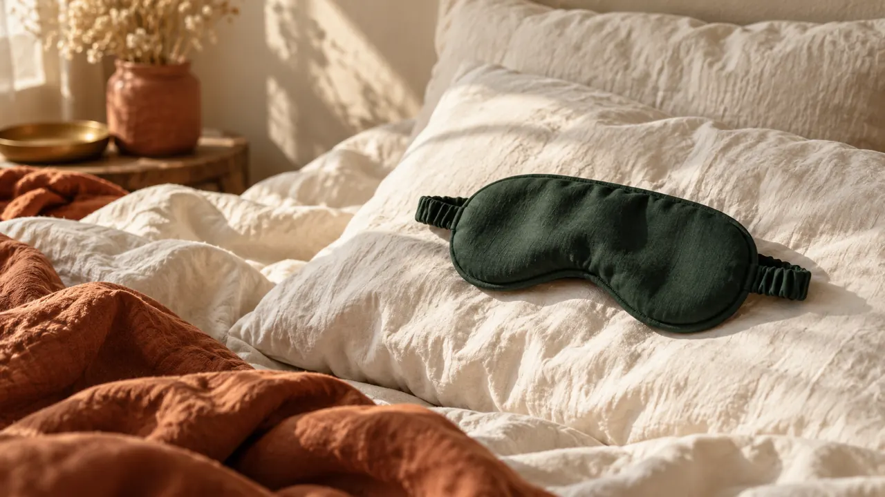 Un masque de sommeil en tissu sombre posé sur un oreiller blanc froissé, draps en lin défaits autour