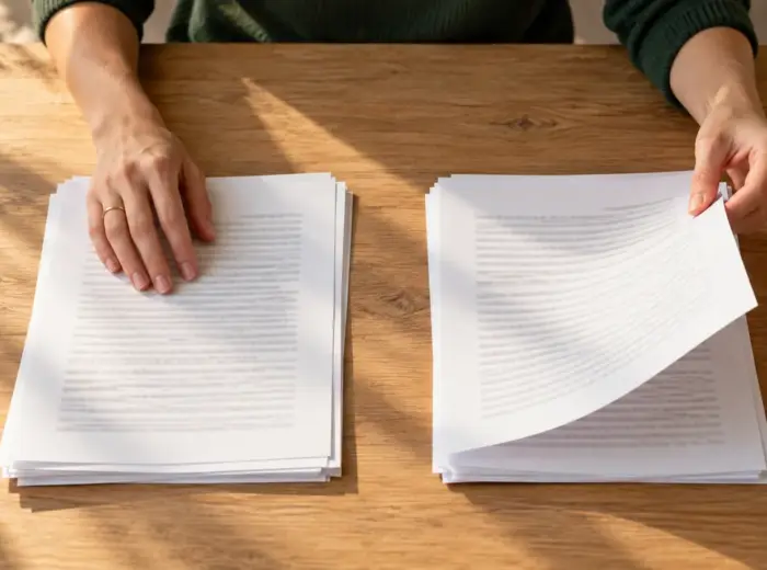 Deux mains triant des feuilles imprimées en deux piles distinctes sur une table en bois clair