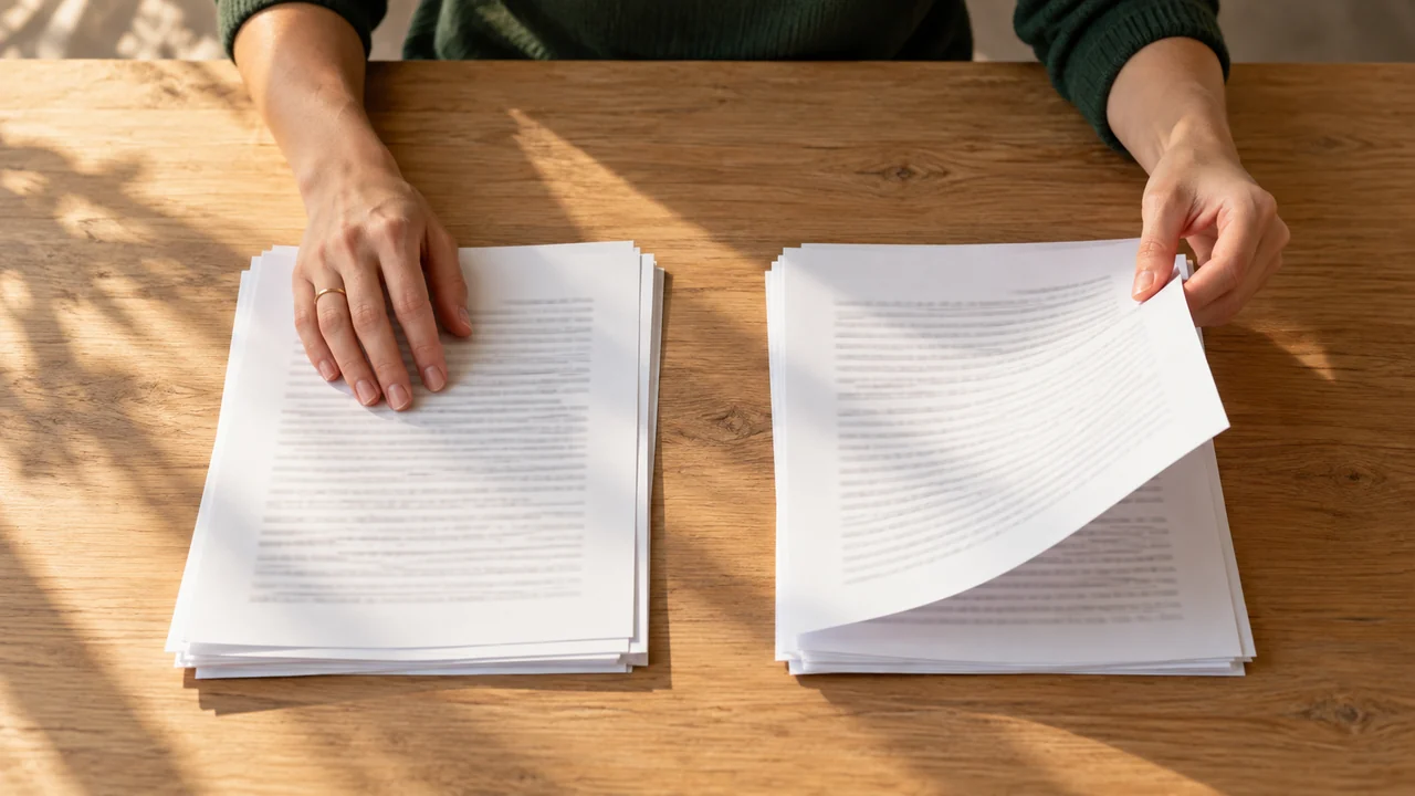 Deux mains triant des feuilles imprimées en deux piles distinctes sur une table en bois clair