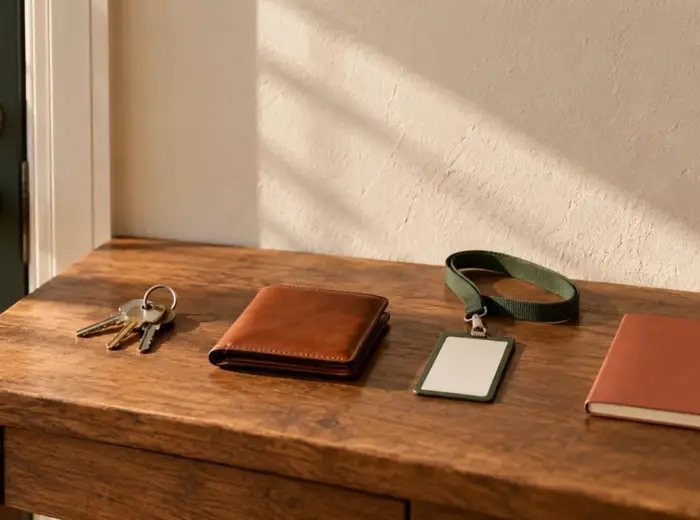 Un trousseau de clés, un portefeuille, un badge et un carnet alignés sur une console près d'une porte d'entrée