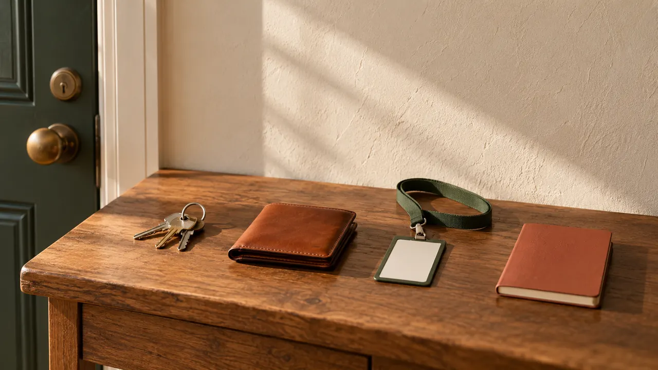Un trousseau de clés, un portefeuille, un badge et un carnet alignés sur une console près d'une porte d'entrée