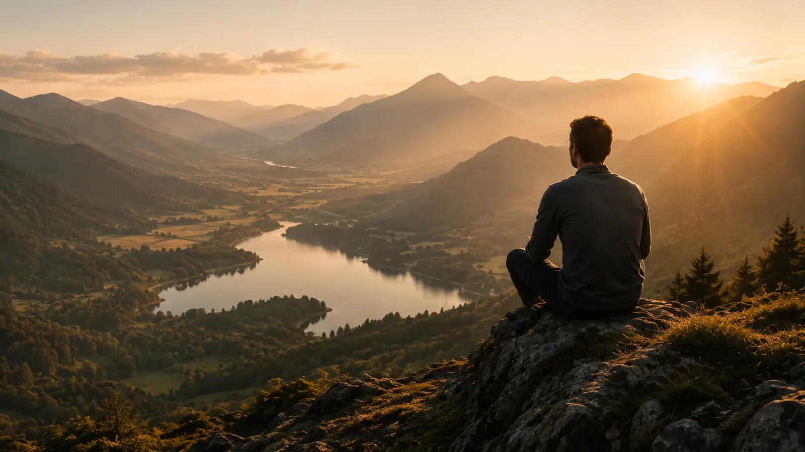 Homme assis sur un rocher contemplant une vallée et un lac au lever du soleil