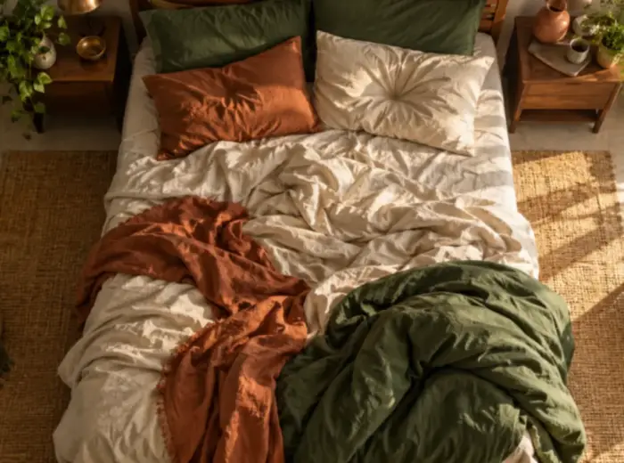 Un lit défait vu de dessus, draps entièrement froissés et couette repoussée au pied