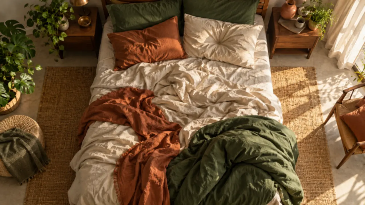 Un lit défait vu de dessus, draps entièrement froissés et couette repoussée au pied