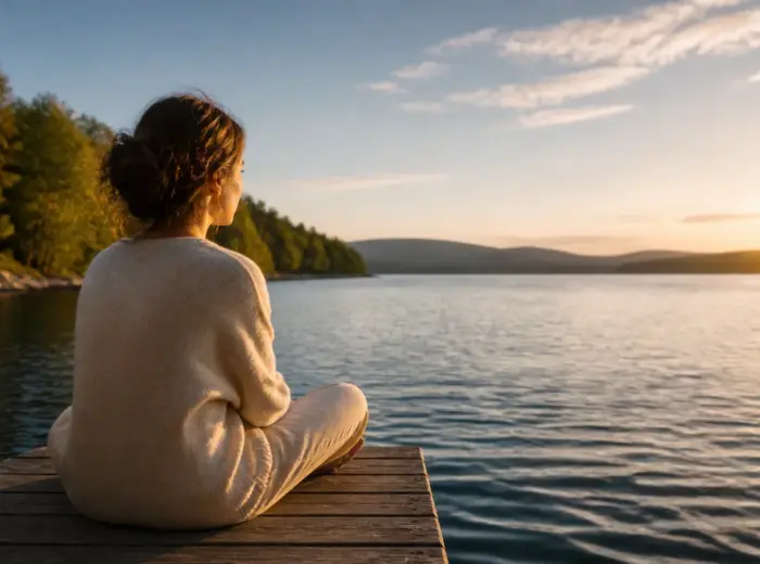 Personne assise au bord d'un ponton de bois face à un lac calme à l'heure dorée, épaules détendues