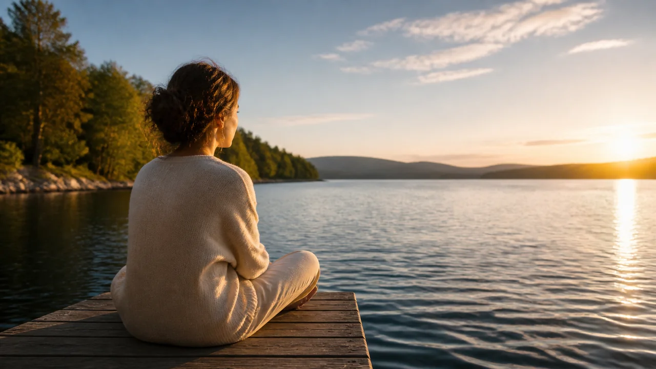 Personne assise au bord d'un ponton de bois face à un lac calme à l'heure dorée, épaules détendues