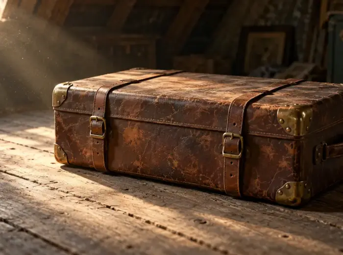 Une vieille malle de voyage en cuir brun fermée par des sangles, posée sur un plancher de grenier