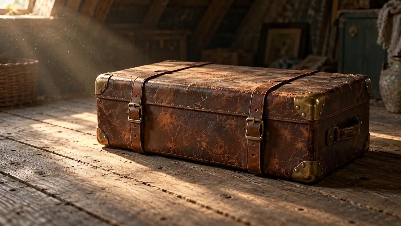 Une vieille malle de voyage en cuir brun fermée par des sangles, posée sur un plancher de grenier