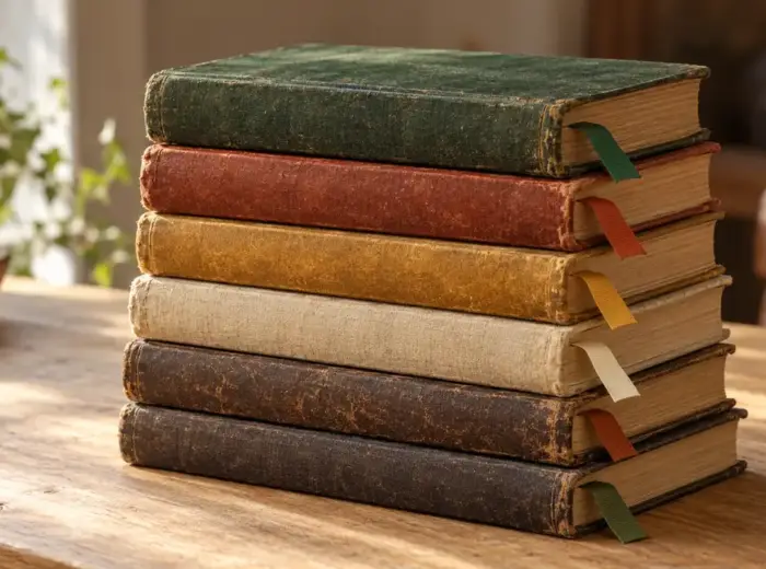 Une pile de manuels usés aux couvertures cornées, hérissée de marque-pages en papier de couleur
