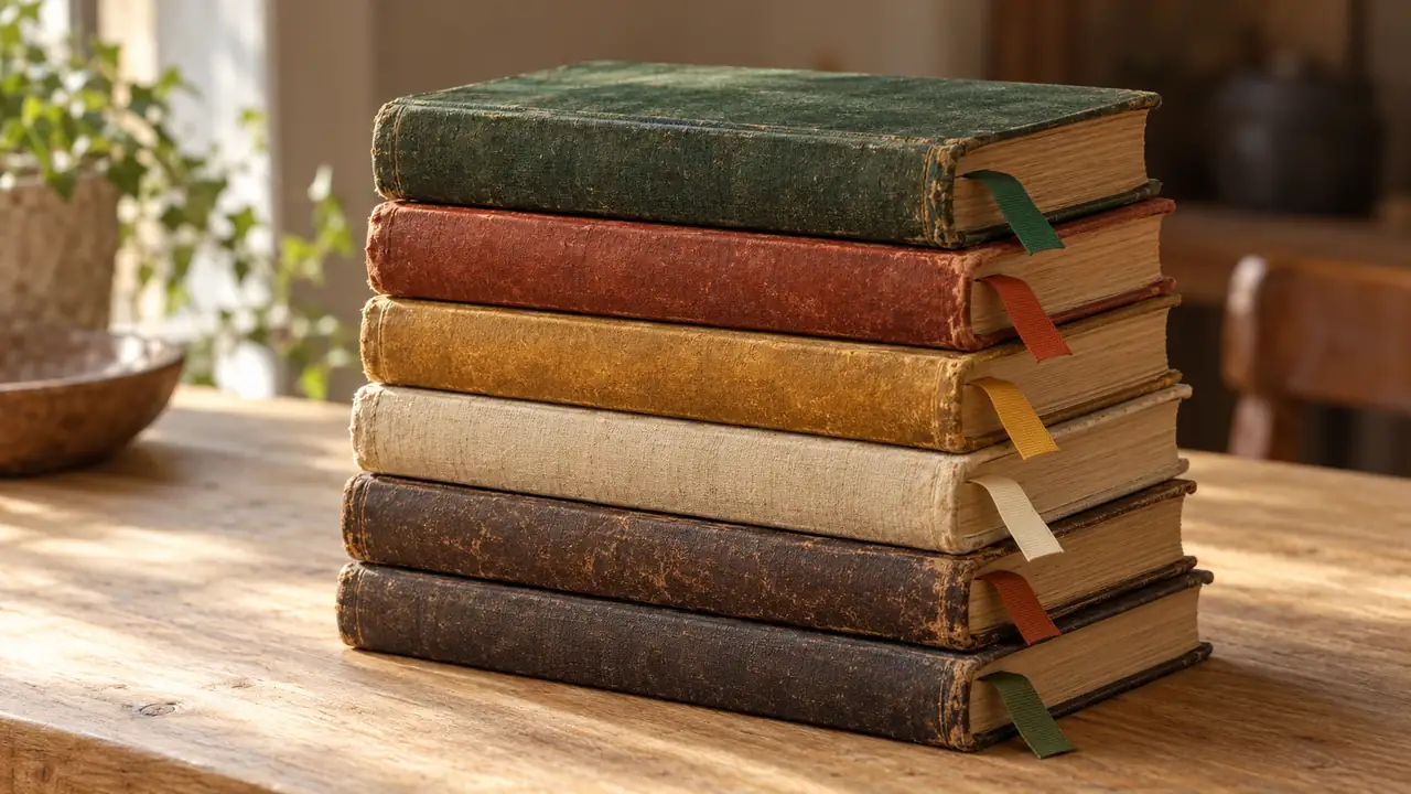Une pile de manuels usés aux couvertures cornées, hérissée de marque-pages en papier de couleur