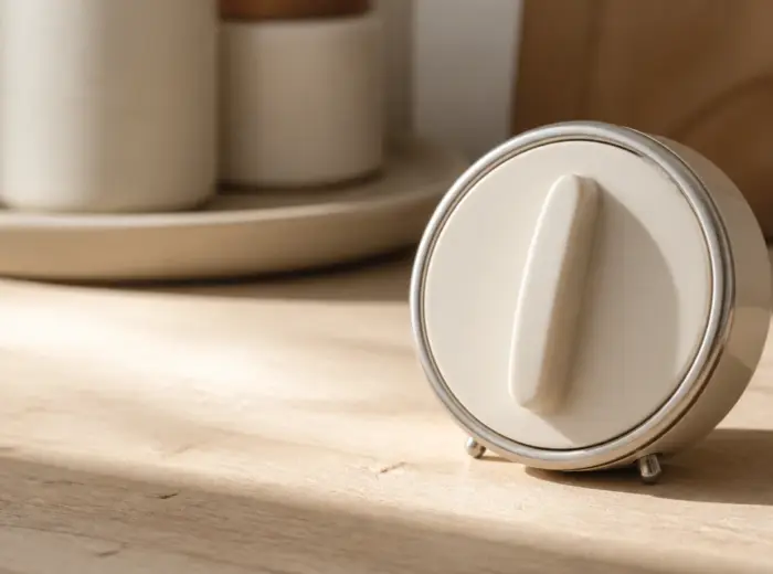 Minuteur de cuisine mécanique posé sur une table en bois clair, gros plan sous une lumière chaude latérale