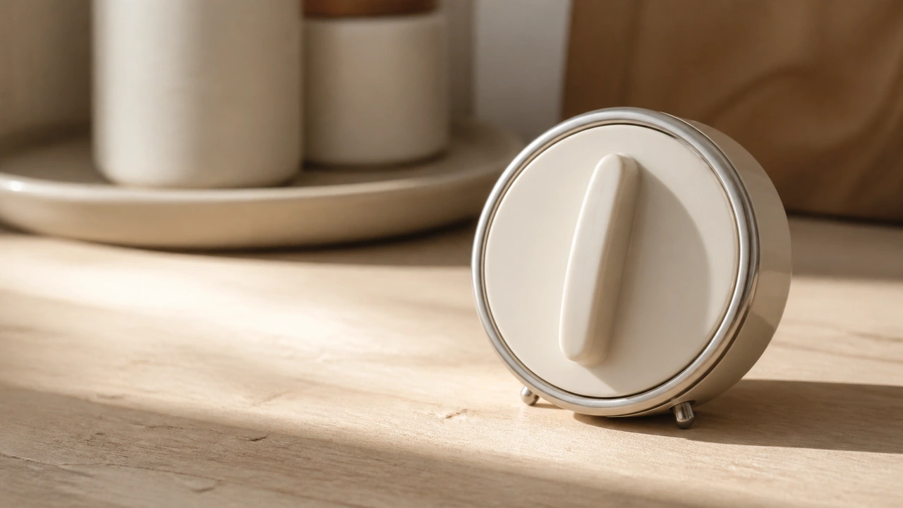 Minuteur de cuisine mécanique posé sur une table en bois clair, gros plan sous une lumière chaude latérale