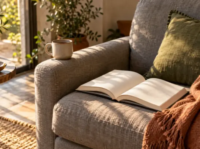Un livre ouvert abandonné sur l'assise d'un fauteuil en lin gris, une tasse posée sur l'accoudoir
