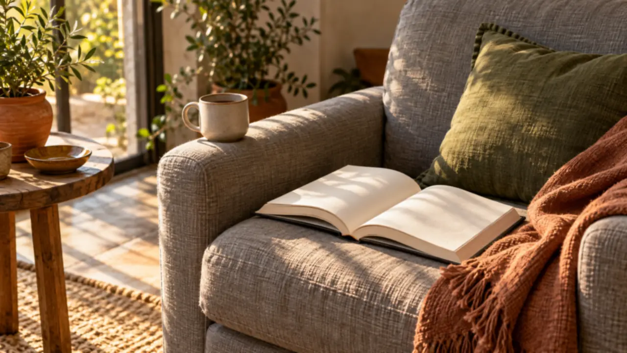 Un livre ouvert abandonné sur l'assise d'un fauteuil en lin gris, une tasse posée sur l'accoudoir
