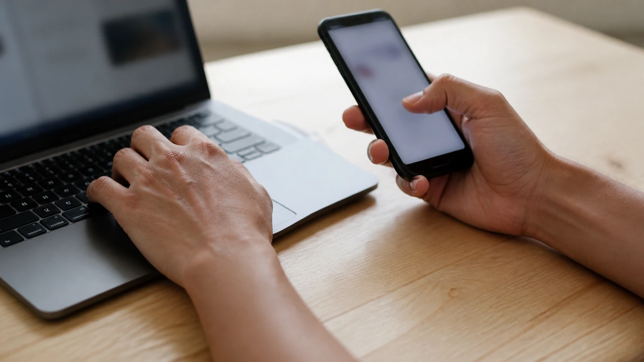 Gros plan de deux mains sur un bureau clair, la gauche sur un clavier, la droite tenant un téléphone