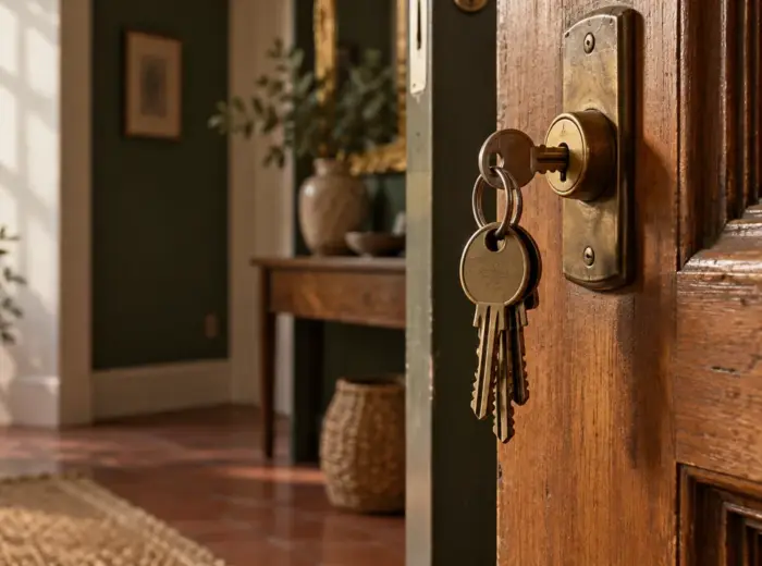Un trousseau de clés oublié dans la serrure d'une porte d'entrée en bois, vu depuis l'intérieur