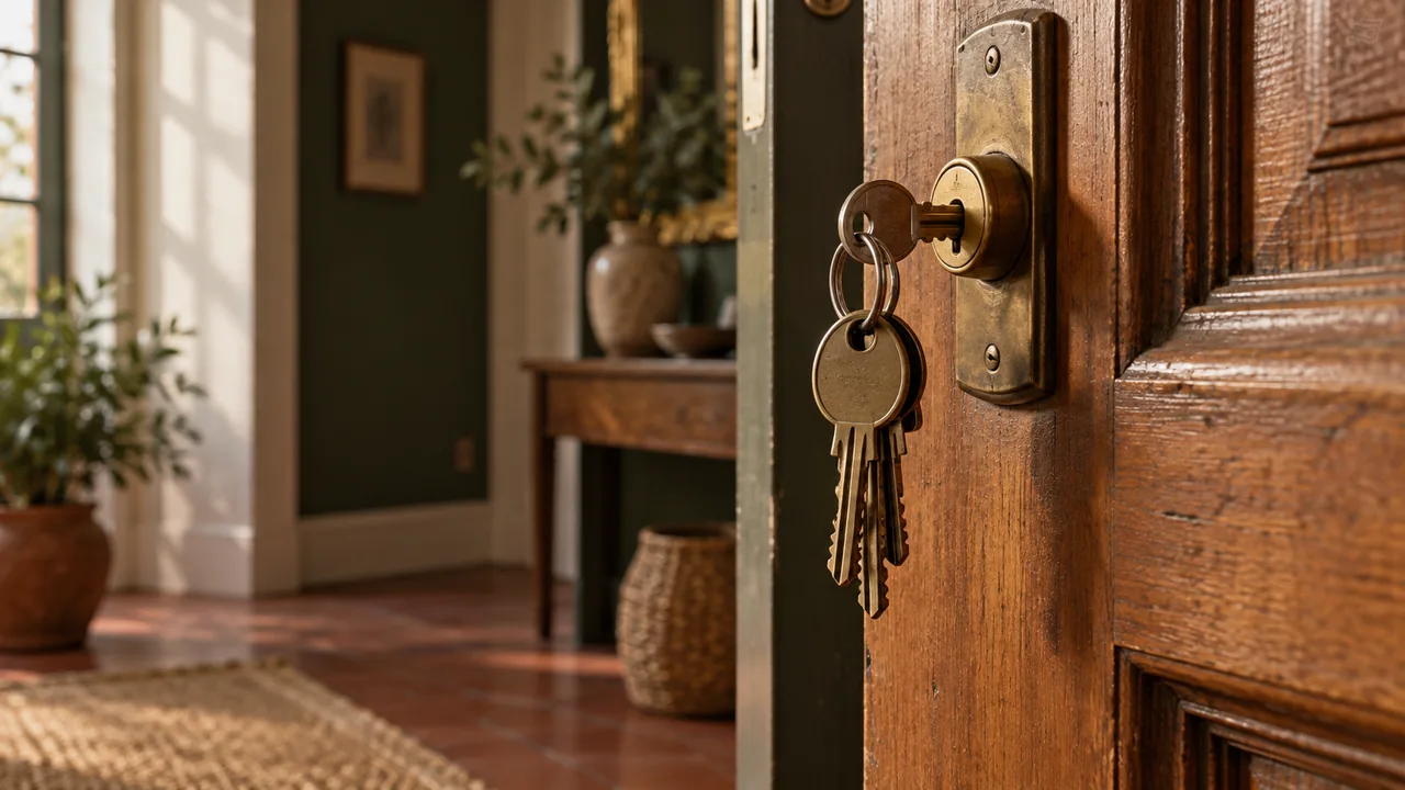 Un trousseau de clés oublié dans la serrure d'une porte d'entrée en bois, vu depuis l'intérieur