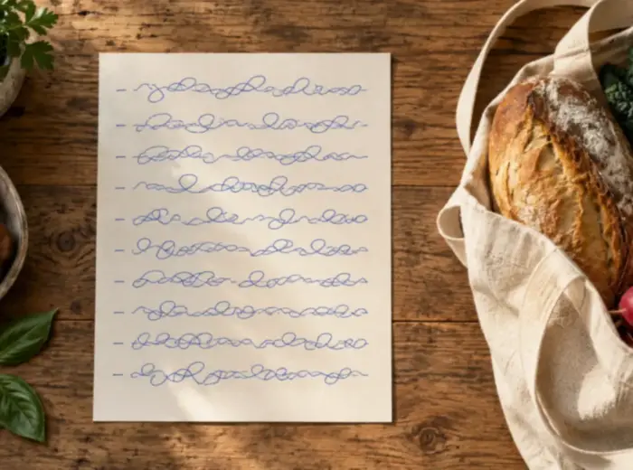 Une liste manuscrite oubliée sur une table de cuisine en bois, à côté d'un cabas en toile rempli de courses