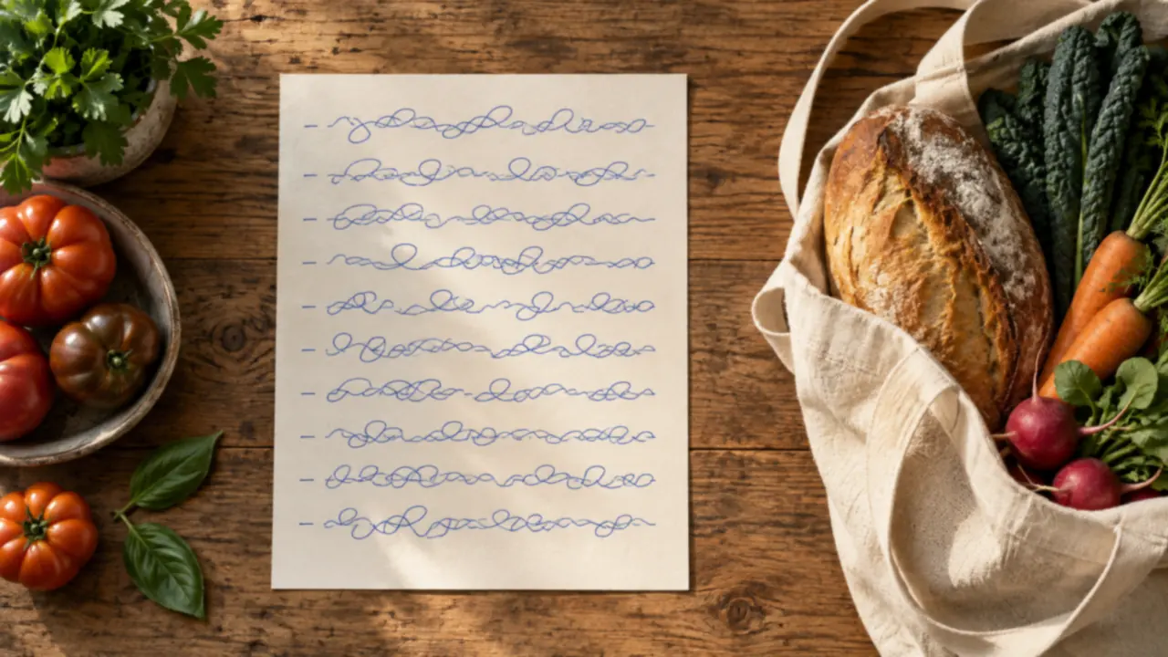 Une liste manuscrite oubliée sur une table de cuisine en bois, à côté d'un cabas en toile rempli de courses