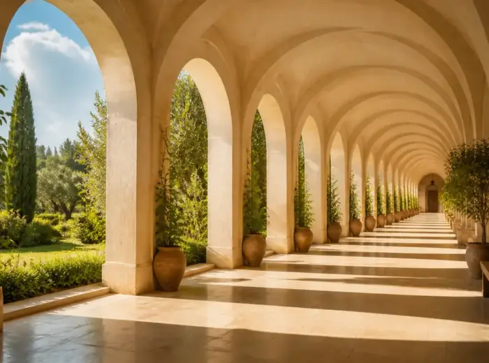 Longue galerie voûtée en pierre claire, arches successives ouvrant sur un jardin ensoleillé