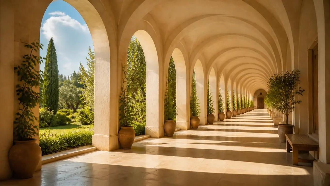 Longue galerie voûtée en pierre claire, arches successives ouvrant sur un jardin ensoleillé