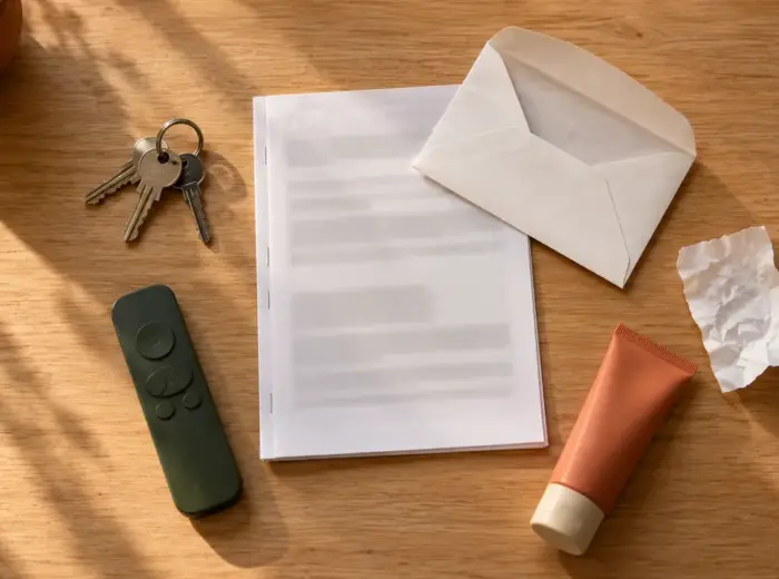 Un document imprimé entouré et à moitié recouvert d'objets personnels en désordre sur un bureau, vu de dessus