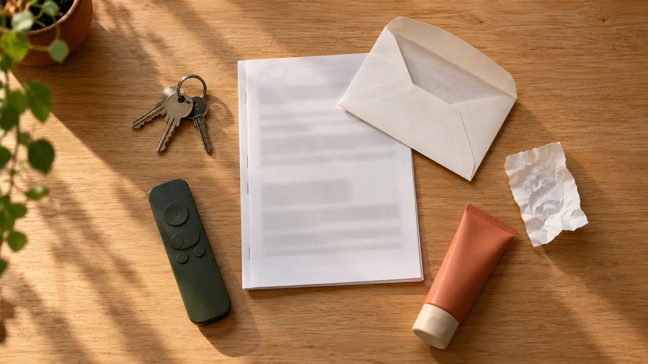 Un document imprimé entouré et à moitié recouvert d'objets personnels en désordre sur un bureau, vu de dessus