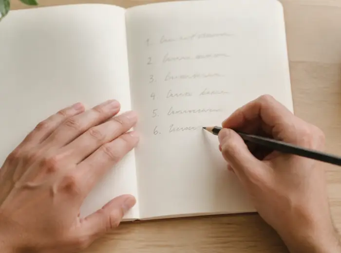 Vue de dessus de mains écrivant une liste numérotée au crayon dans un carnet ouvert sur un bureau clair
