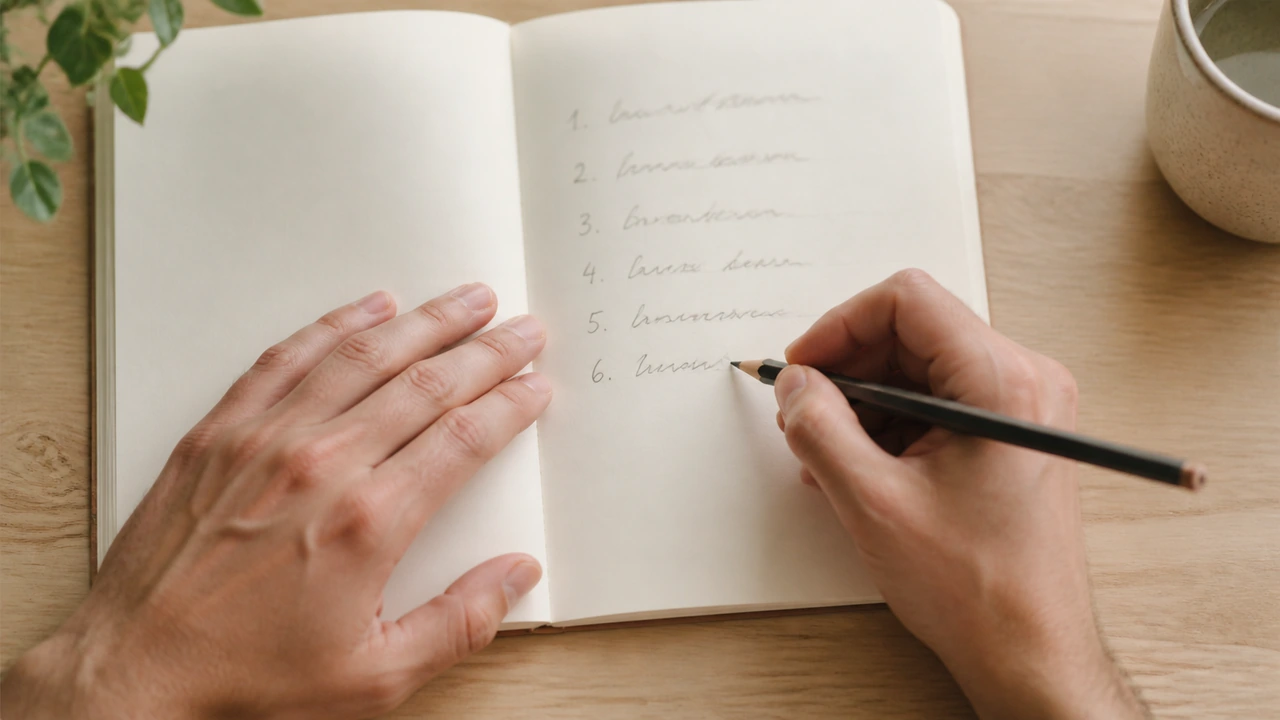 Vue de dessus de mains écrivant une liste numérotée au crayon dans un carnet ouvert sur un bureau clair