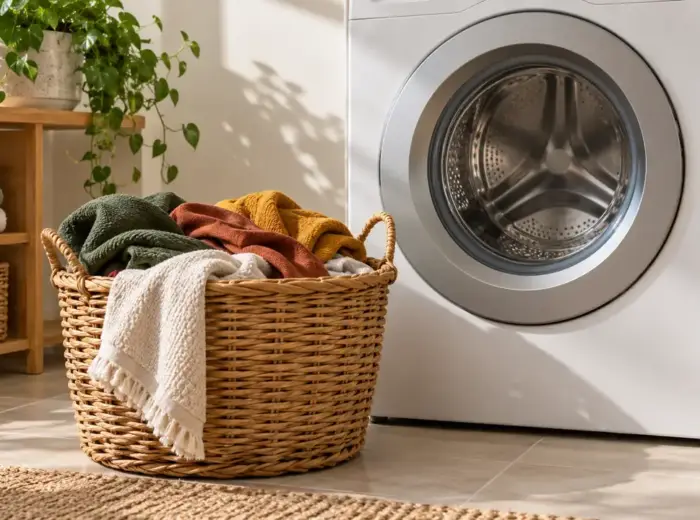 Un panier à linge en osier rempli, posé devant un lave-linge dont le tambour est vide