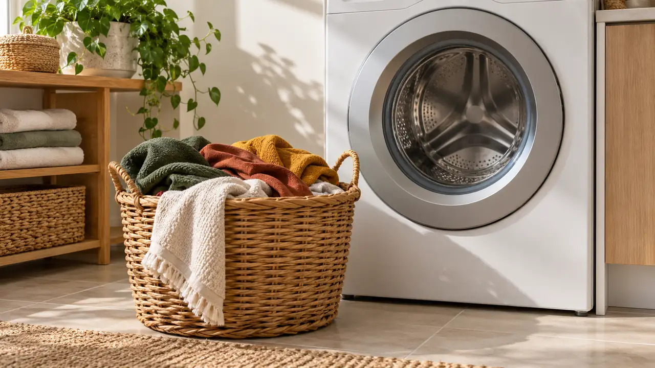 Un panier à linge en osier rempli, posé devant un lave-linge dont le tambour est vide