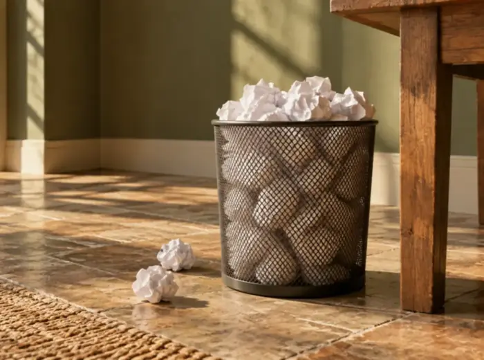Une corbeille à papier en métal remplie de feuilles froissées en boules, au pied d'un bureau en bois
