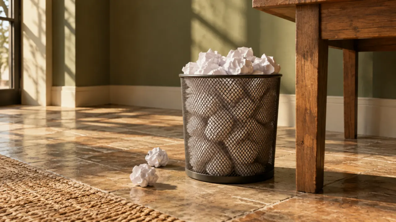 Une corbeille à papier en métal remplie de feuilles froissées en boules, au pied d'un bureau en bois