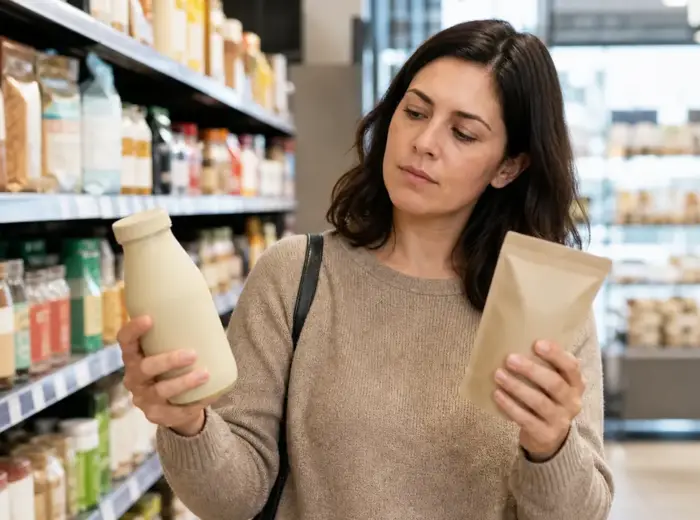 Personne dans un rayon de magasin tenant un produit dans chaque main et les comparant du regard