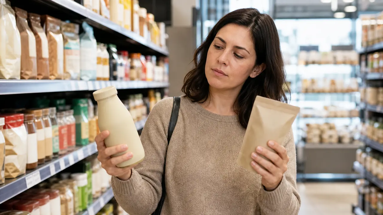 Personne dans un rayon de magasin tenant un produit dans chaque main et les comparant du regard
