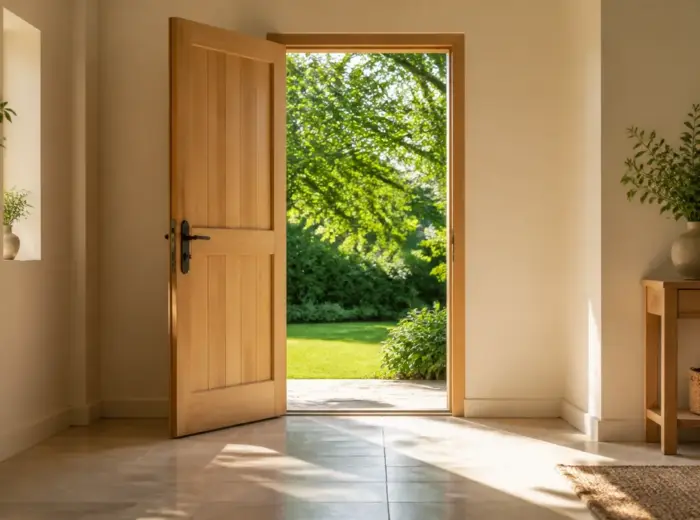 Porte en bois clair ouverte depuis une pièce lumineuse sur un jardin verdoyant baigné de soleil