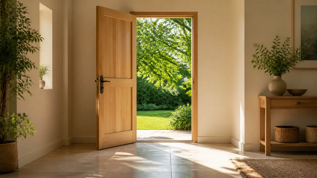 Porte en bois clair ouverte depuis une pièce lumineuse sur un jardin verdoyant baigné de soleil