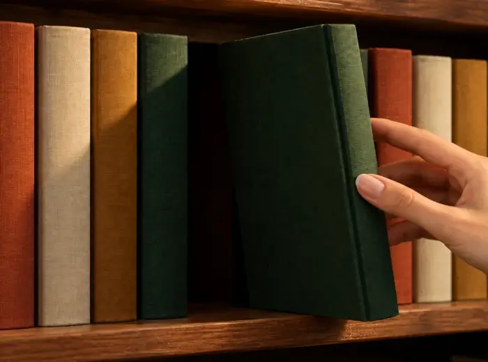 Une main tirant un livre relié hors d'une étagère pleine, laissant un vide sombre à sa place