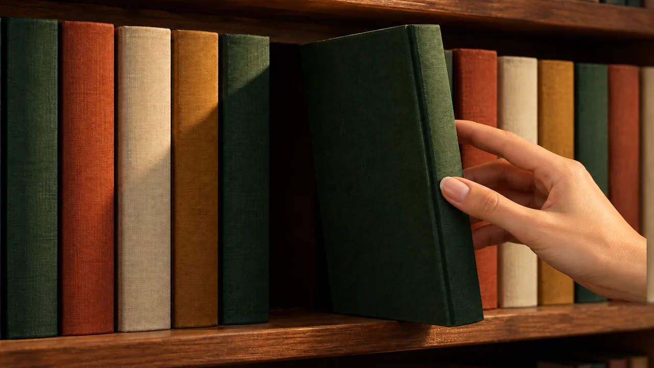 Une main tirant un livre relié hors d'une étagère pleine, laissant un vide sombre à sa place