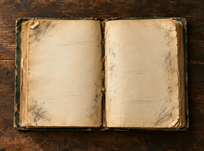 Un livre très usé ouvert à plat, dos cassé, pages jaunies et cornées, sur une table en bois foncé