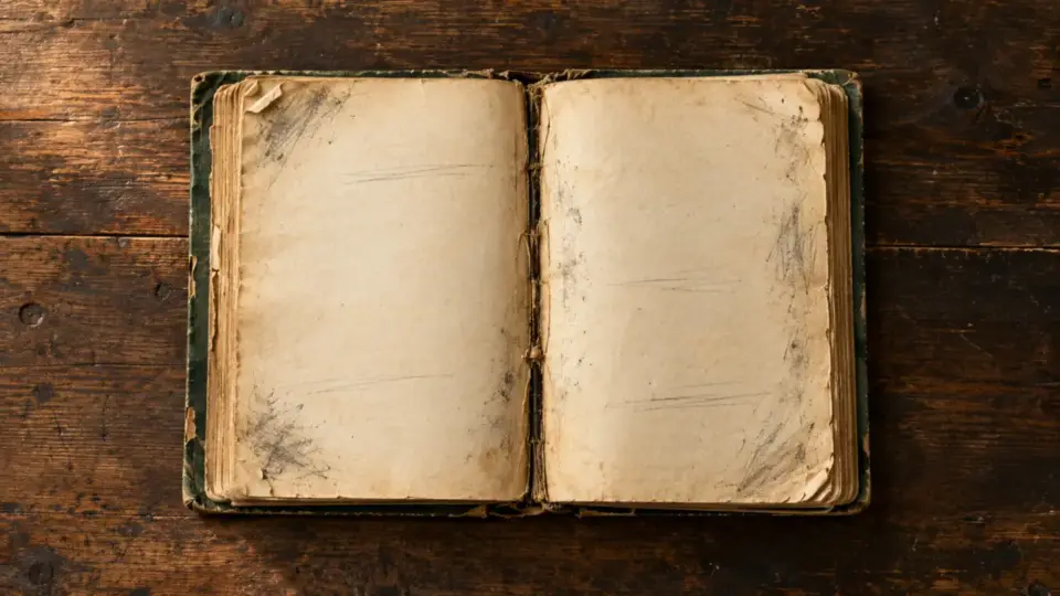 Un livre très usé ouvert à plat, dos cassé, pages jaunies et cornées, sur une table en bois foncé