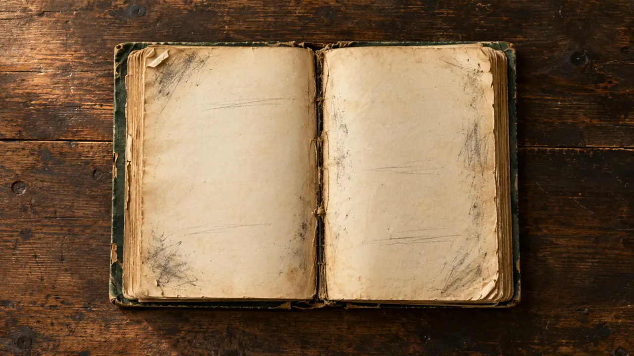 Un livre très usé ouvert à plat, dos cassé, pages jaunies et cornées, sur une table en bois foncé