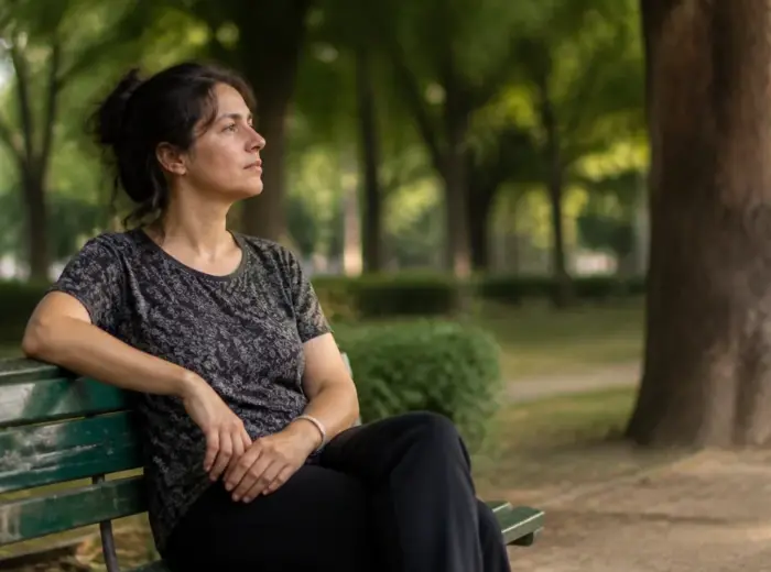 Personne assise sur un banc de parc, mains posées et vides, regardant au loin dans une lumière de fin d’après-midi