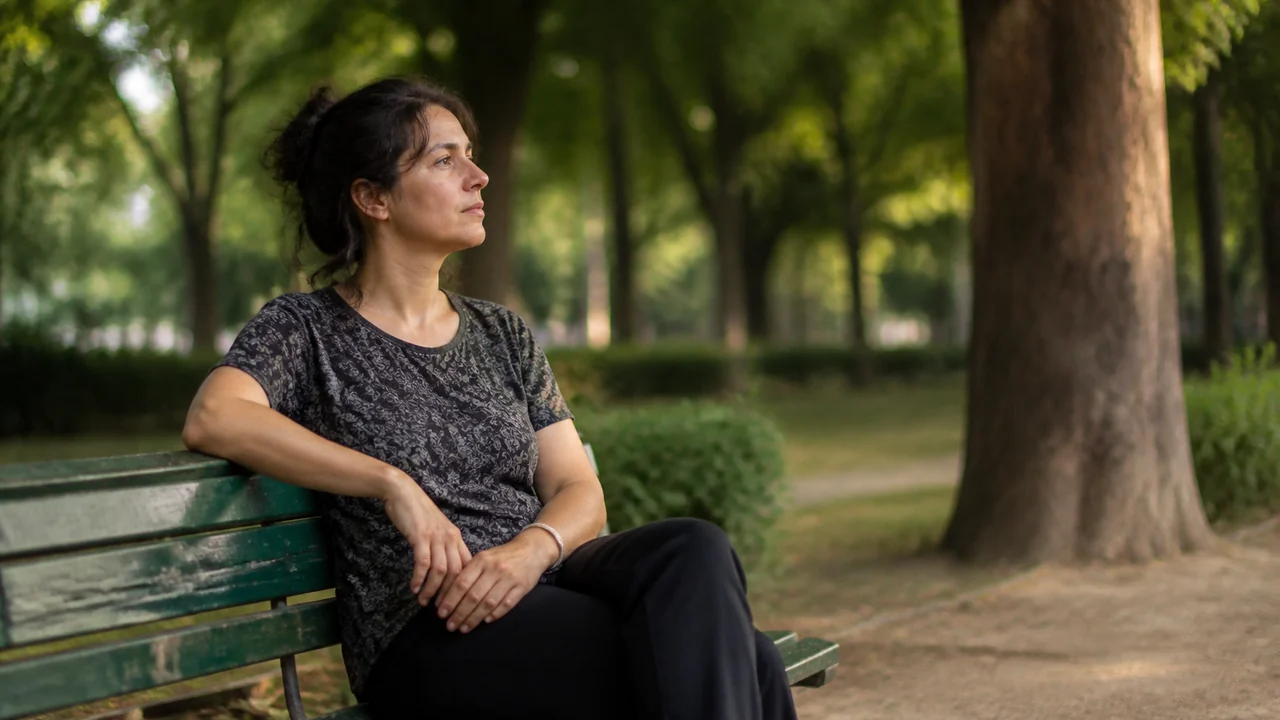 Personne assise sur un banc de parc, mains posées et vides, regardant au loin dans une lumière de fin d’après-midi