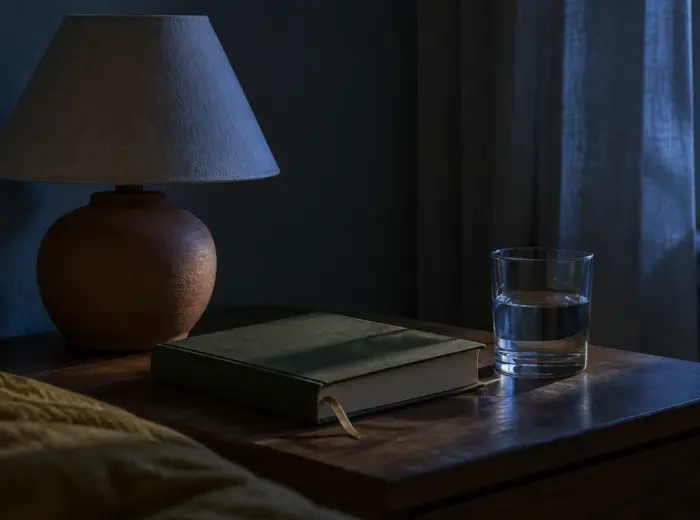 Une table de chevet dans la pénombre : une lampe éteinte, un livre fermé et un verre d'eau