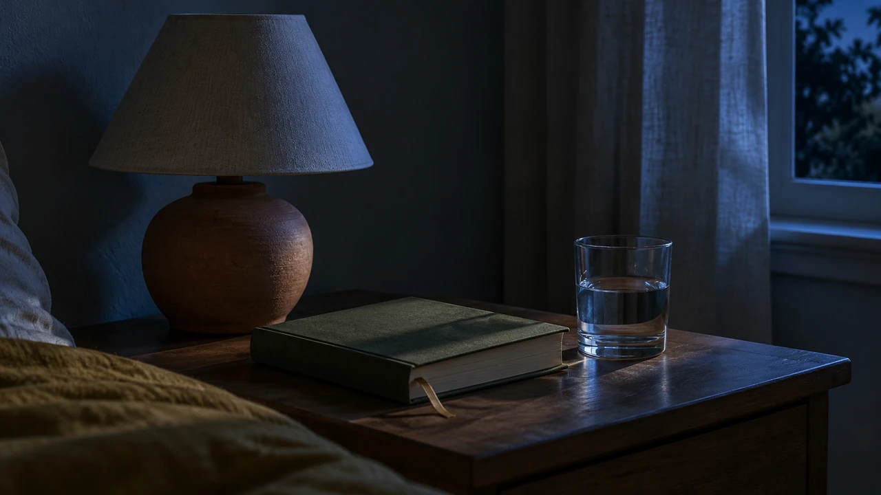 Une table de chevet dans la pénombre : une lampe éteinte, un livre fermé et un verre d'eau