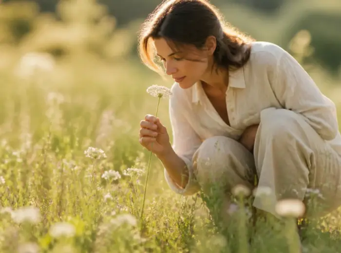 Adulte accroupi dans une prairie fleurie ensoleillée, observant de près une fleur sauvage, reste du champ flou