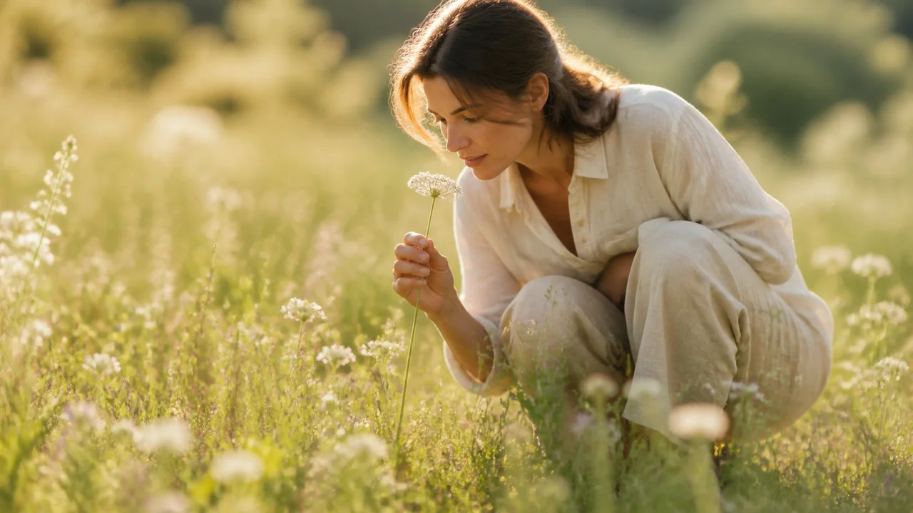Adulte accroupi dans une prairie fleurie ensoleillée, observant de près une fleur sauvage, reste du champ flou