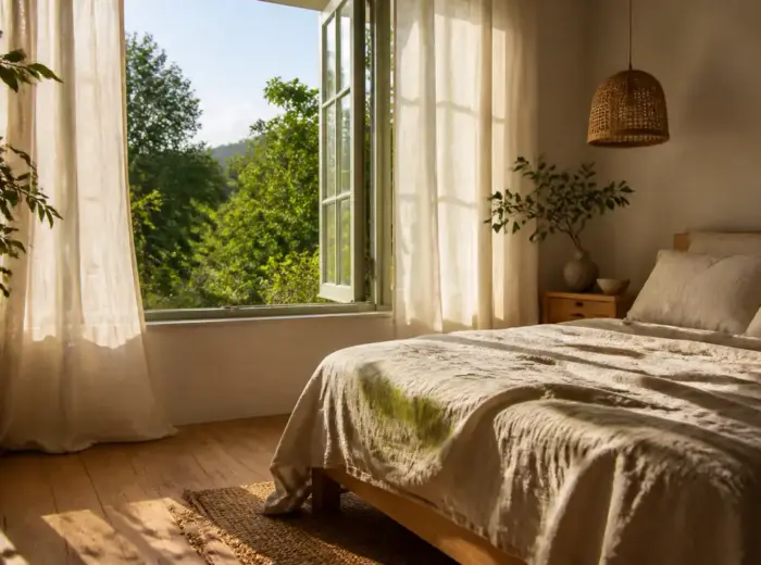 Chambre claire au petit matin, rideaux légers devant une fenêtre entrouverte sur un feuillage vert